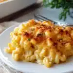 Creamy baked macaroni and cheese served in a dish