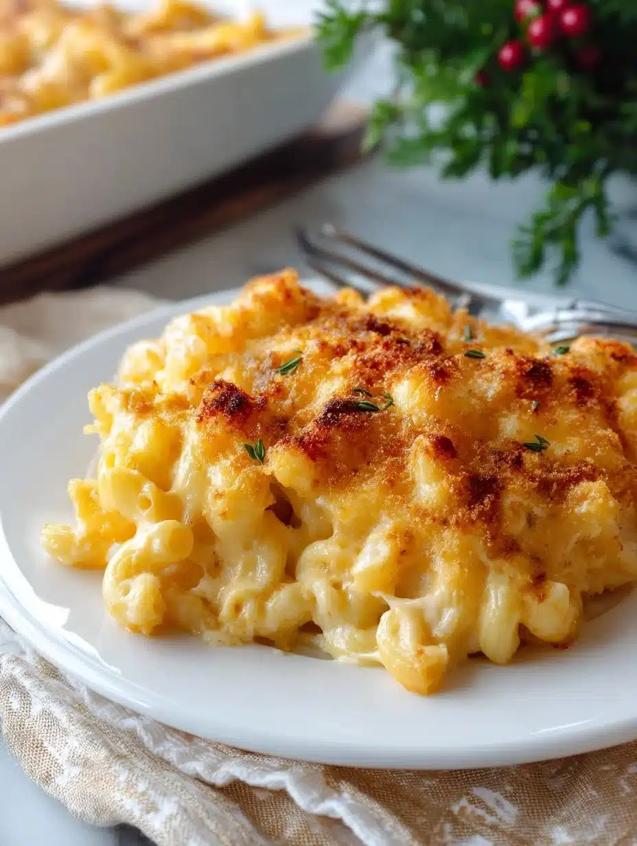 Creamy baked macaroni and cheese served in a dish
