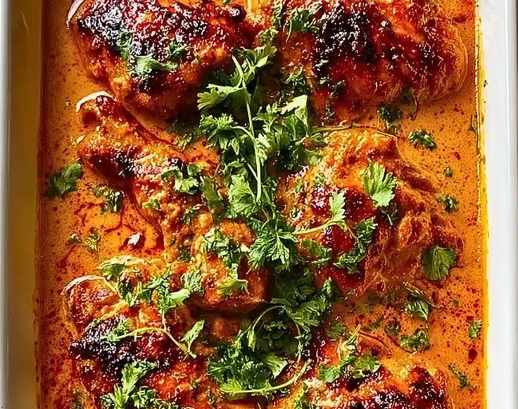 Delicious creamy butter chicken served with rice and garnish.