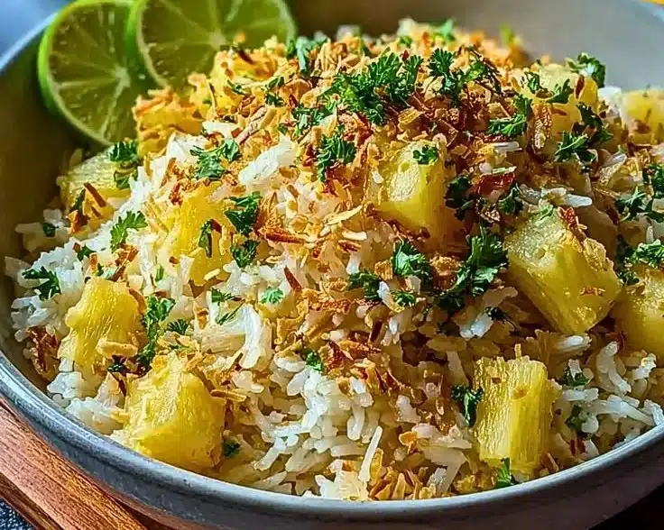 Bowl of creamy coconut pineapple rice garnished with fresh pineapple chunks