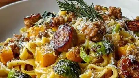 Creamy sausage pasta with autumn squash served in a cozy bowl
