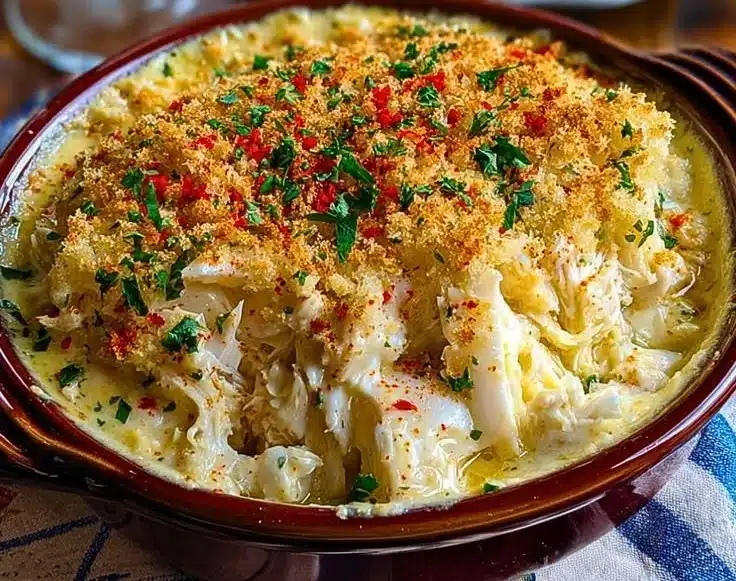 Delicious creamy crab imperial served in a dish.