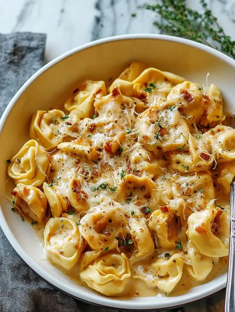 Creamy French onion tortellini served in a bowl with cheese and herbs