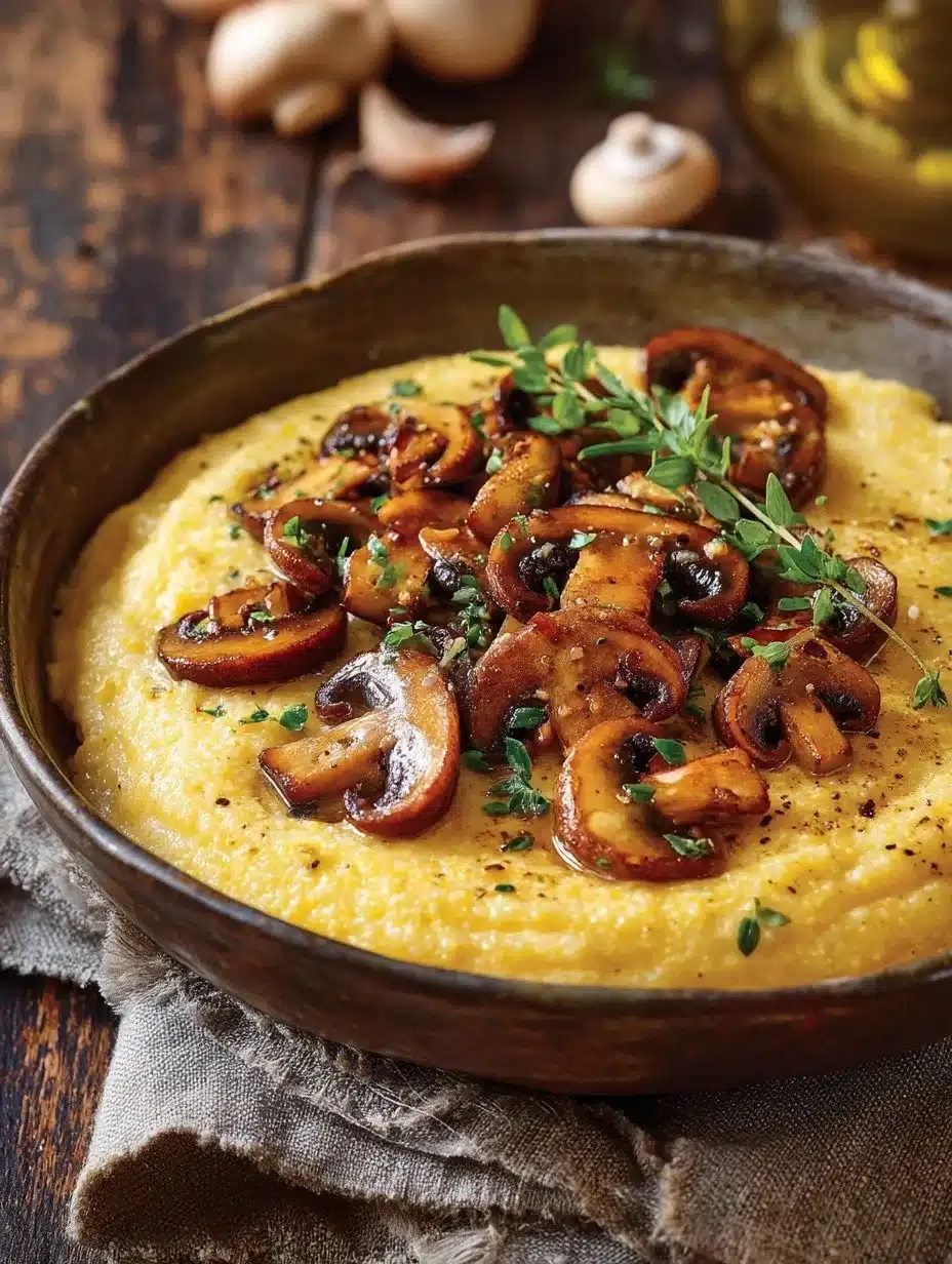 Bowl of creamy garlic polenta topped with sautéed mushrooms