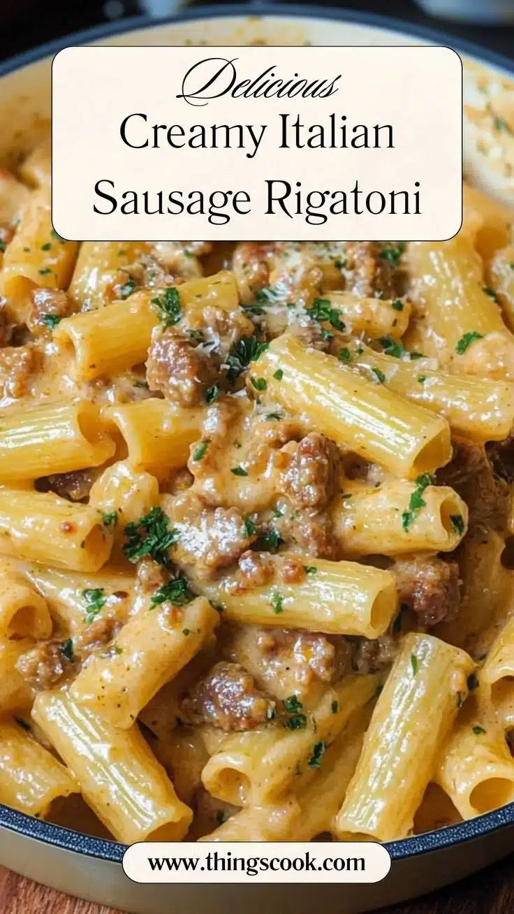 Bowl of creamy Italian sausage rigatoni topped with parsley and cheese