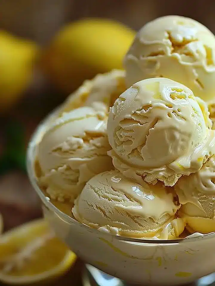 Delicious creamy lemon custard ice cream served in a bowl