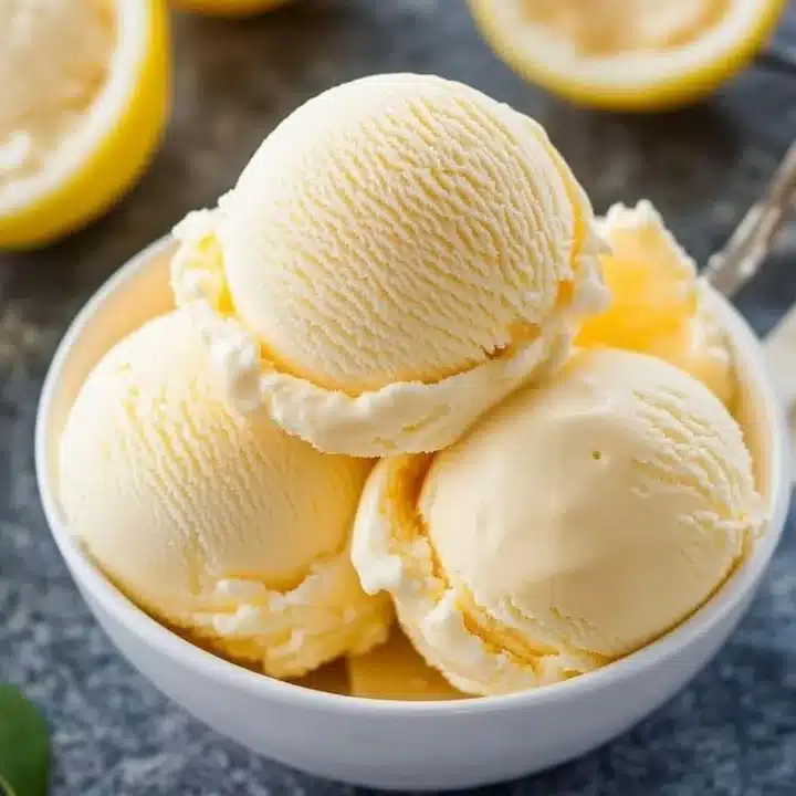 Bowl of creamy lemon ice cream topped with lemon zest and mint leaves