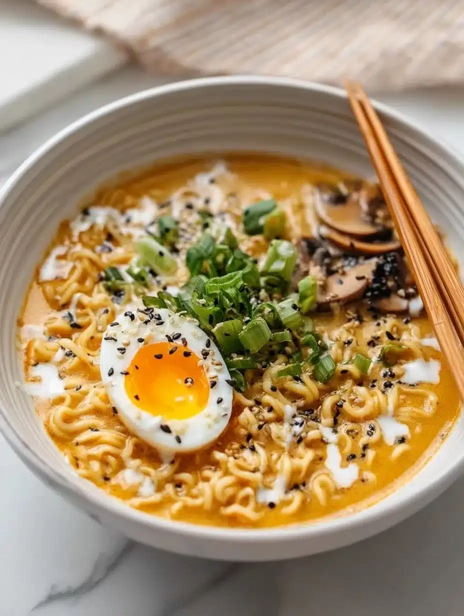 Creamy ramen in a bowl garnished with green onions and soft-boiled egg