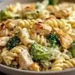 Creamy rotisserie chicken broccoli pasta dish garnished with parsley