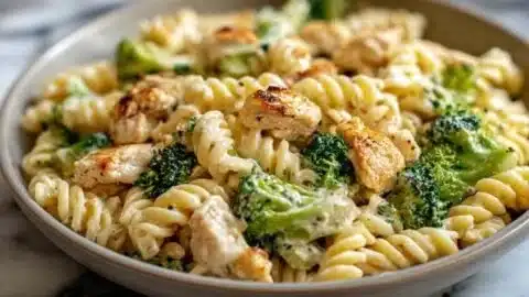 Creamy rotisserie chicken broccoli pasta dish garnished with parsley