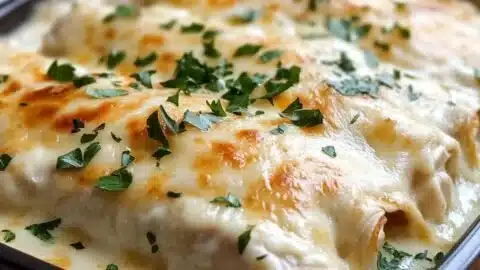 Delicious creamy white chicken enchiladas topped with cheese and sauce