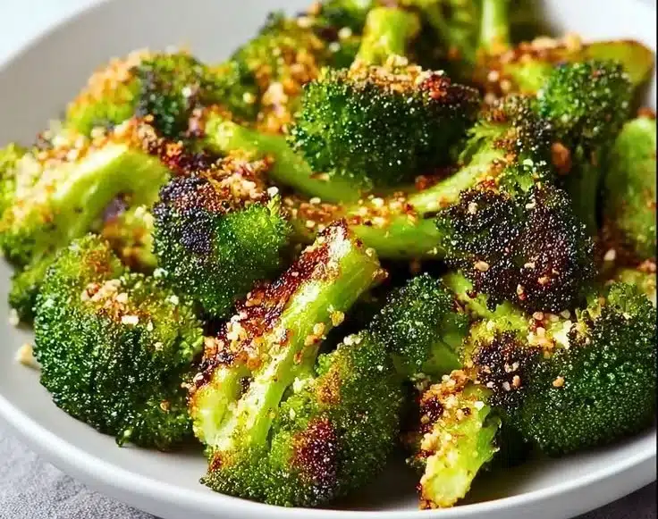 Crispy garlic air fryer broccoli served on a plate