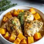 Crockpot Maple Dijon Chicken with roasted butternut squash in a vibrant dish