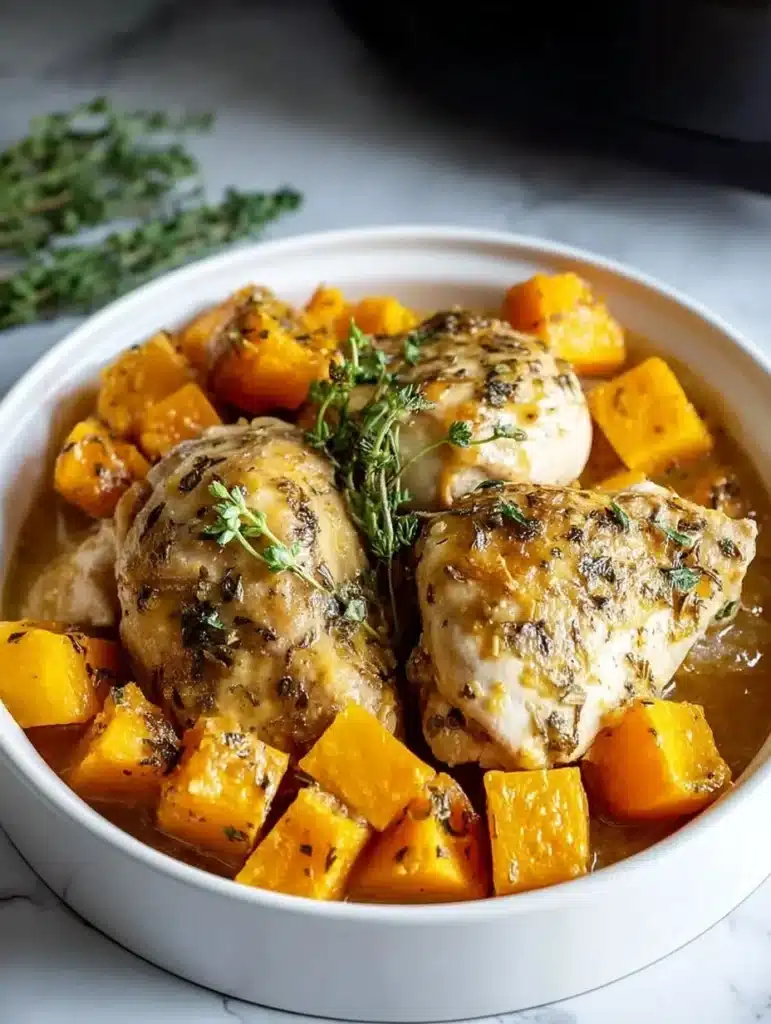Crockpot Maple Dijon Chicken with roasted butternut squash in a vibrant dish