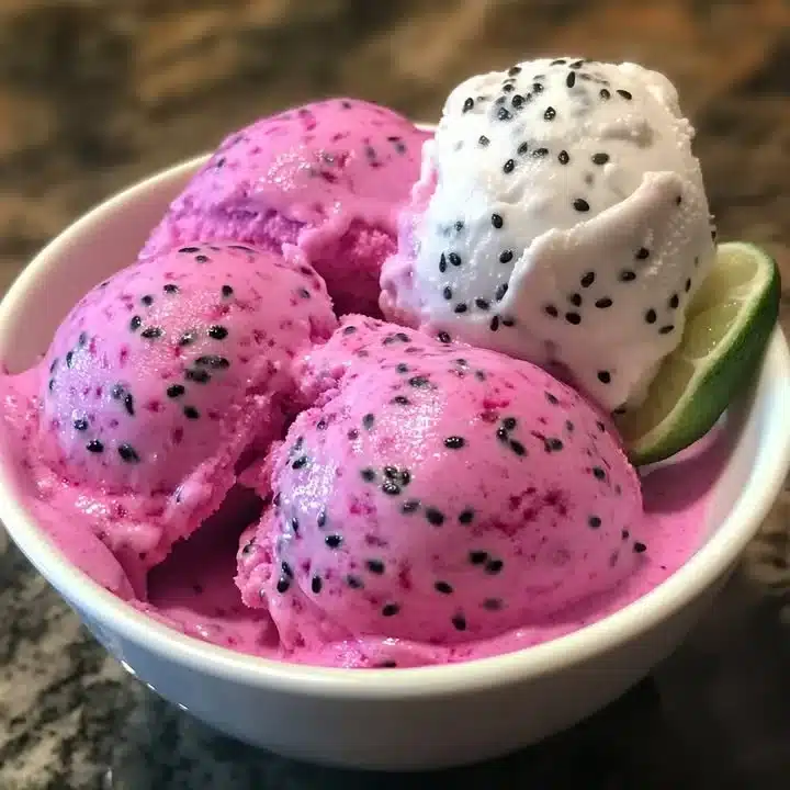 Delicious dragon fruit ice cream served in a bowl with fresh dragon fruit slices.
