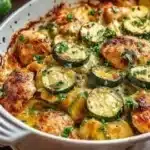 Delicious easy chicken zucchini bake served in a baking dish