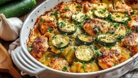 Delicious easy chicken zucchini bake served in a baking dish