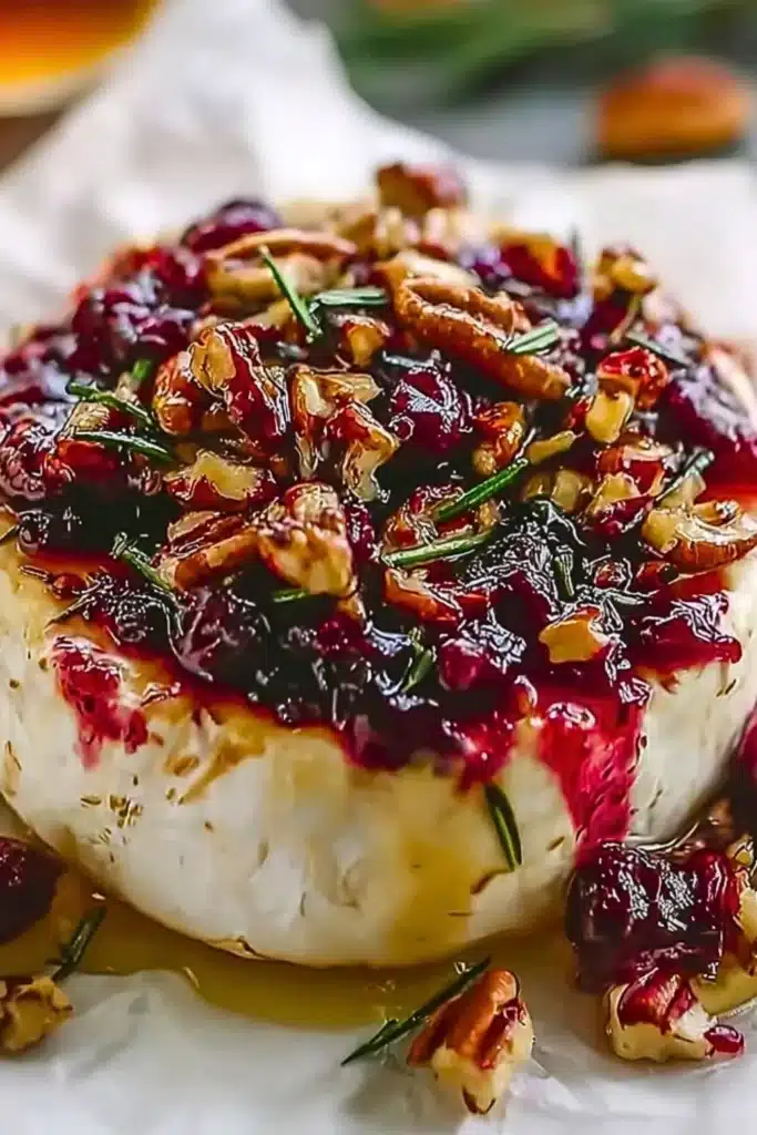 Easy cranberry pecan baked brie appetizer on a wooden serving board