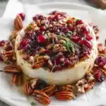 Easy Cranberry Pecan Baked Brie appetizer served with crackers.