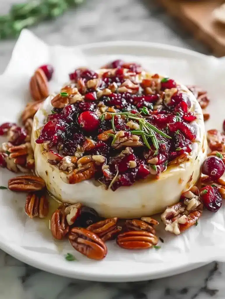 Easy Cranberry Pecan Baked Brie appetizer served with crackers.