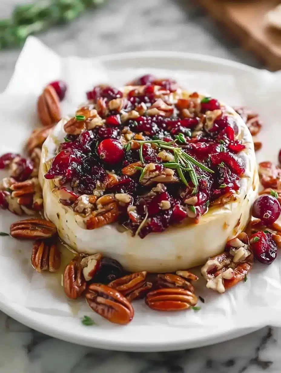 Easy Cranberry Pecan Baked Brie appetizer served with crackers.