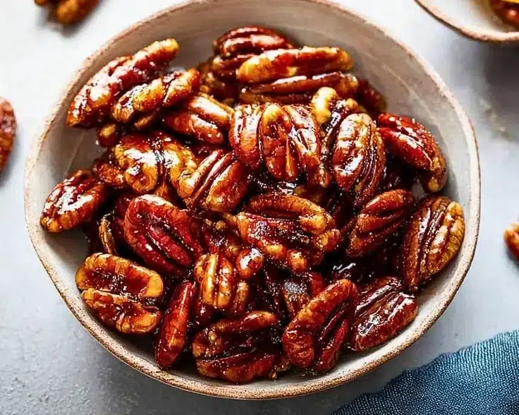 Bowl of easy maple candied pecans on a wooden table
