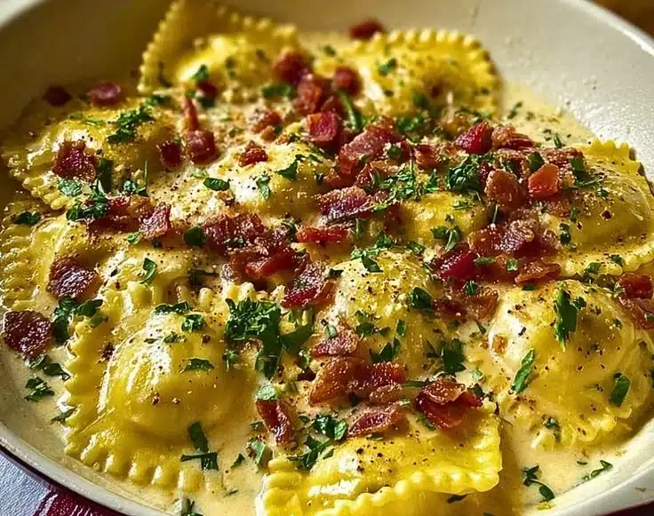 Delicious Olive Garden-inspired ravioli carbonara with creamy sauce and herbs