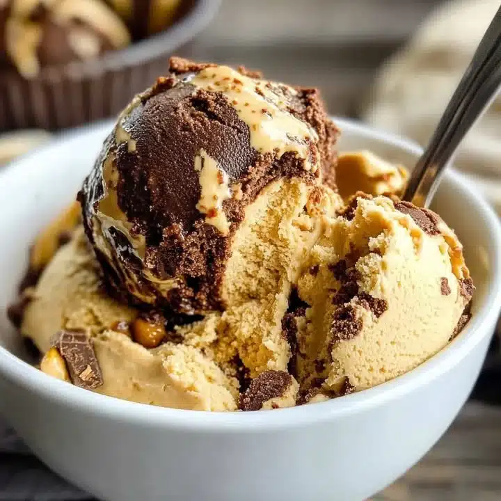Delicious easy peanut butter brownie ice cream served in a bowl