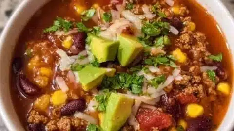 Bowl of easy taco soup garnished with cilantro and tortilla chips