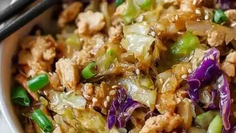 Delicious Egg Roll Bowls featuring chicken and fresh cabbage.