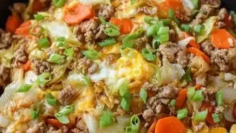A healthy Egg Roll in a Bowl recipe displayed in a skillet on a kitchen countertop.