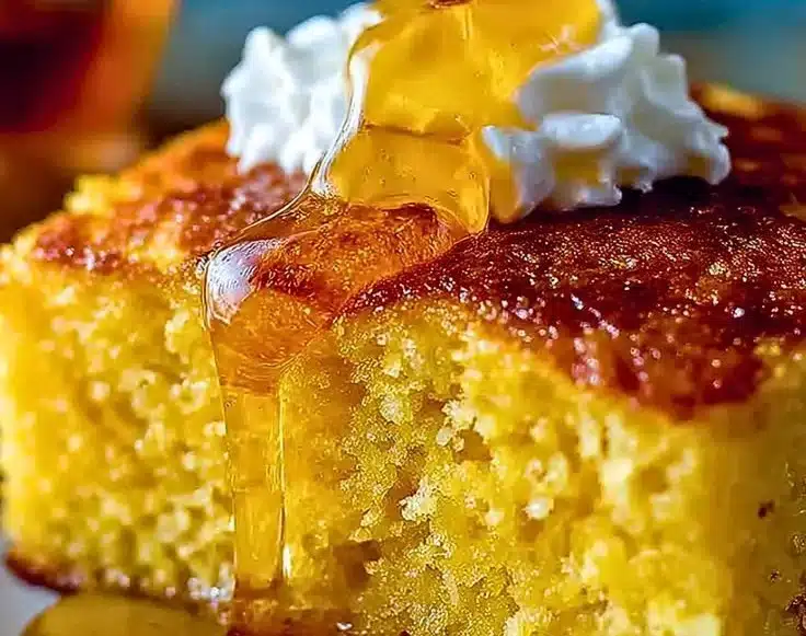 Fluffy honey cornbread served warm with a drizzle of honey