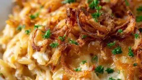 French onion chicken orzo casserole served in a bowl