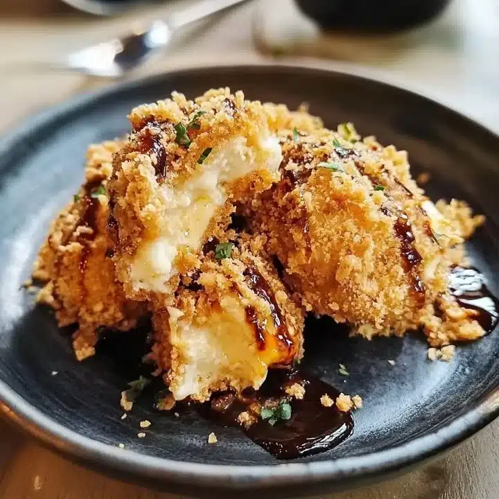 Delicious fried ice cream drizzled with chocolate sauce and served in a bowl.