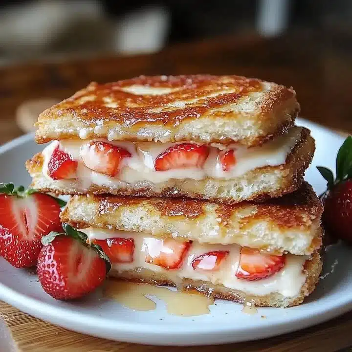 Fried strawberry cheesecake sandwiches topped with fresh strawberries and whipped cream.