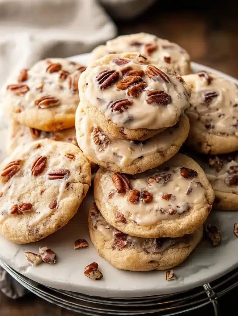 Frosted butter pecan cookies with a rich, creamy topping