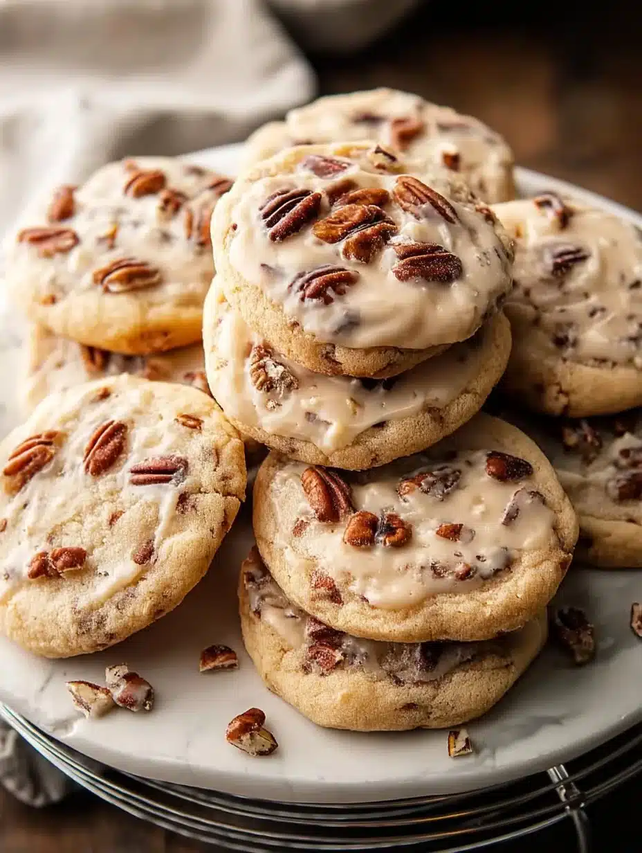 Frosted butter pecan cookies with a rich, creamy topping