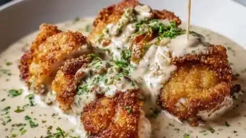 Golden Parmesan Chicken with creamy garlic sauce on a plate