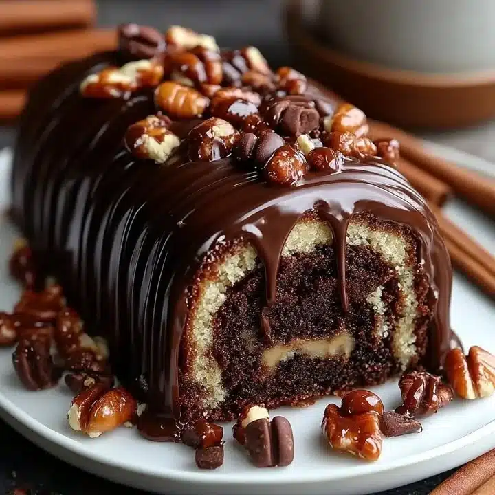 Gooey chocolate caramel turtle cake roll with nuts and gooey caramel drizzle