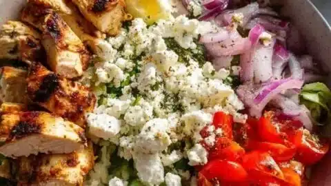 A colorful Greek Chicken Bowl topped with fresh vegetables, feta cheese, and olives.