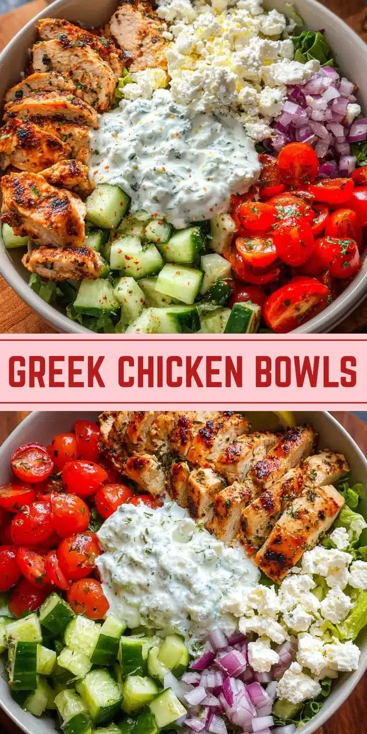 Delicious Greek chicken bowls topped with fresh vegetables and herbs