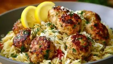 Delicious Greek chicken meatballs served with lemon orzo