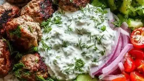 Greek meatball bowl with tzatziki, rice, and fresh vegetables