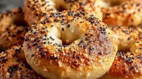 Homemade Greek Yogurt Bagels topped with seeds on a wooden table