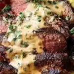 Grilled Steak Bowl with creamy sauce and grilled zucchini on a plate