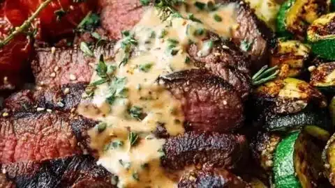 Grilled Steak Bowl with creamy sauce and grilled zucchini on a plate
