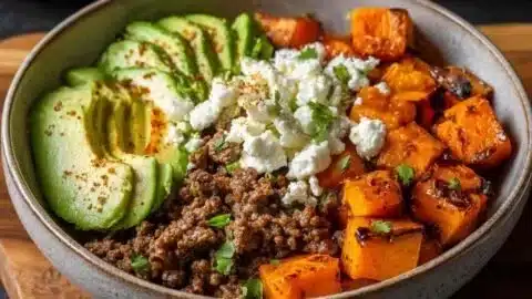 A delicious Ground Beef Hot Honey Bowl served with fresh ingredients and spicy honey.