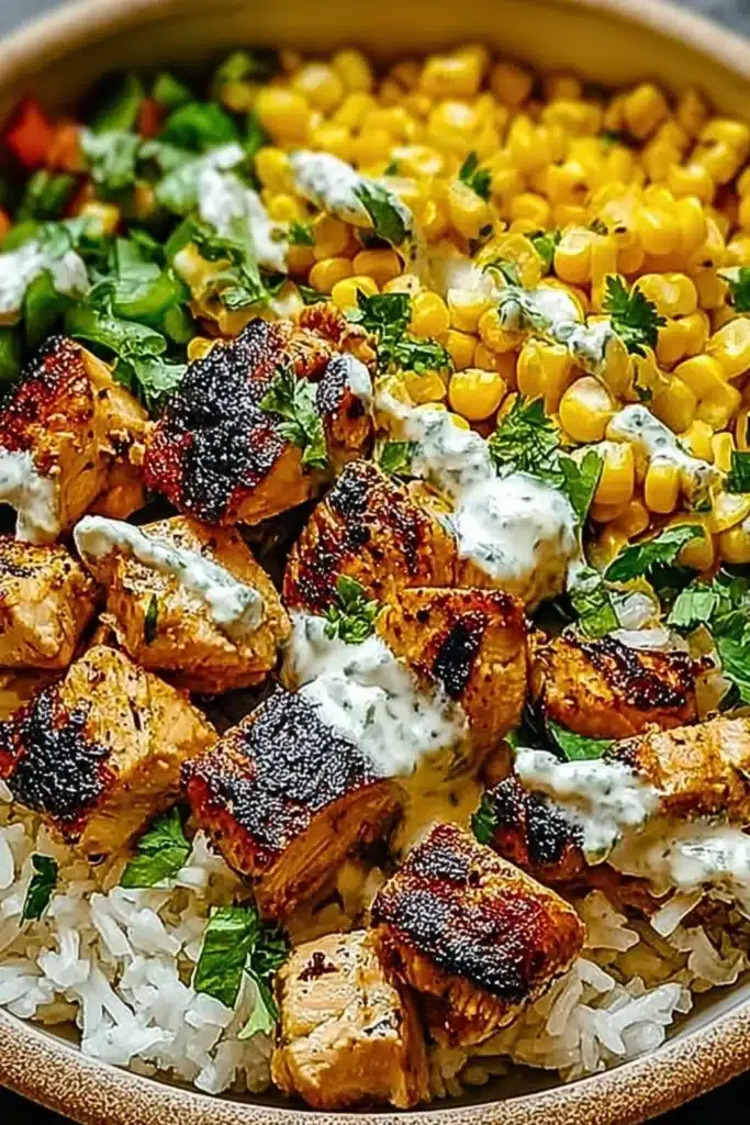 Healthy chicken rice bowl with street corn and fresh ingredients