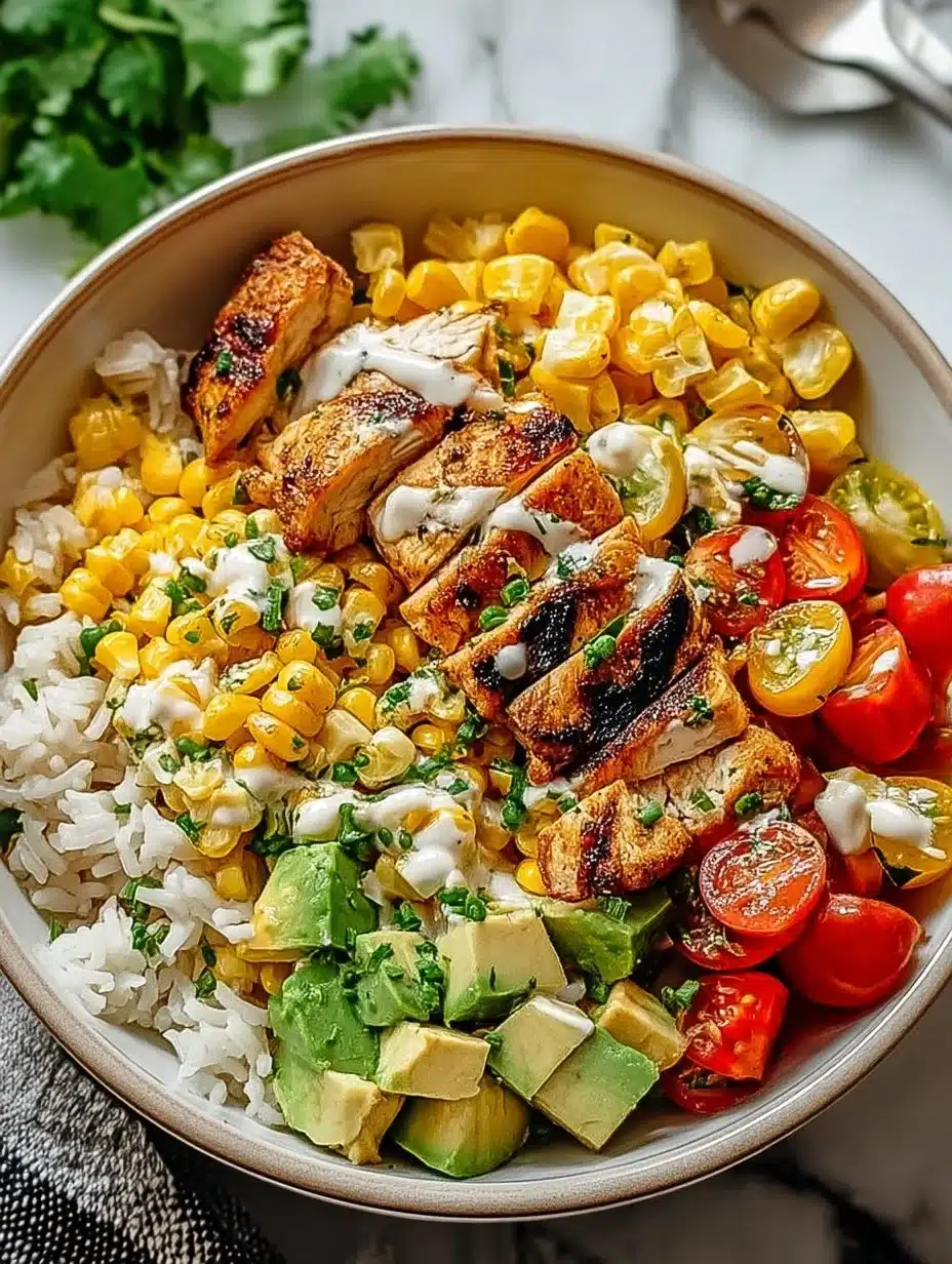 Healthy Chicken Rice Bowl with Street Corn topped with fresh ingredients.
