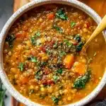 Bowl of healthy and easy lentil soup with vegetables and herbs